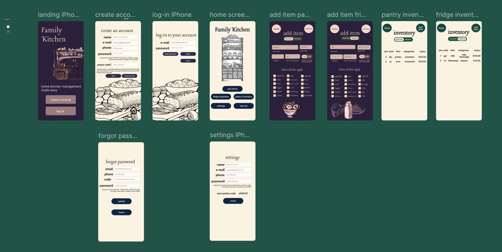 Figma design interface showing multiple screens of a kitchen management app prototype including landing page, account creation, login, home screen with pantry and fridge options, item addition pages, and inventory management views with clean, user-friendly layouts