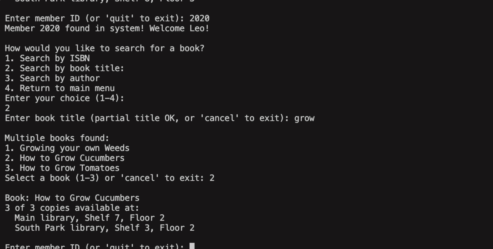 Screenshot of the library database system showing advanced search functionality. Member Leo (ID: 2020) is logged in and performing a book title search for 'grow'. The system returns multiple matching results including 'Growing your own Weeds', 'How to Grow Cucumbers', and 'How to Grow Tomatoes'. When selecting 'How to Grow Cucumbers', the system displays detailed location information showing 3 copies available across two libraries: Main library (Shelf 7, Floor 2) and South Park library (Shelf 3, Floor 2).
