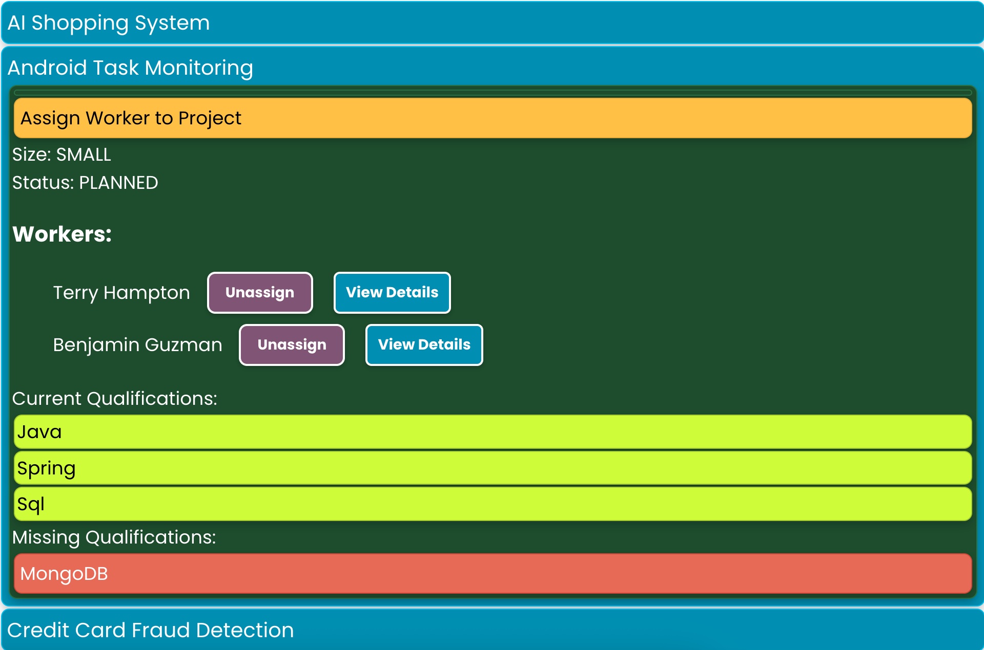 Employee profile for Tim Conner showing $130,000 salary, 11 unit workload, Java/Python/SQL qualifications, and assigned projects including fraud detection and legacy software maintenance