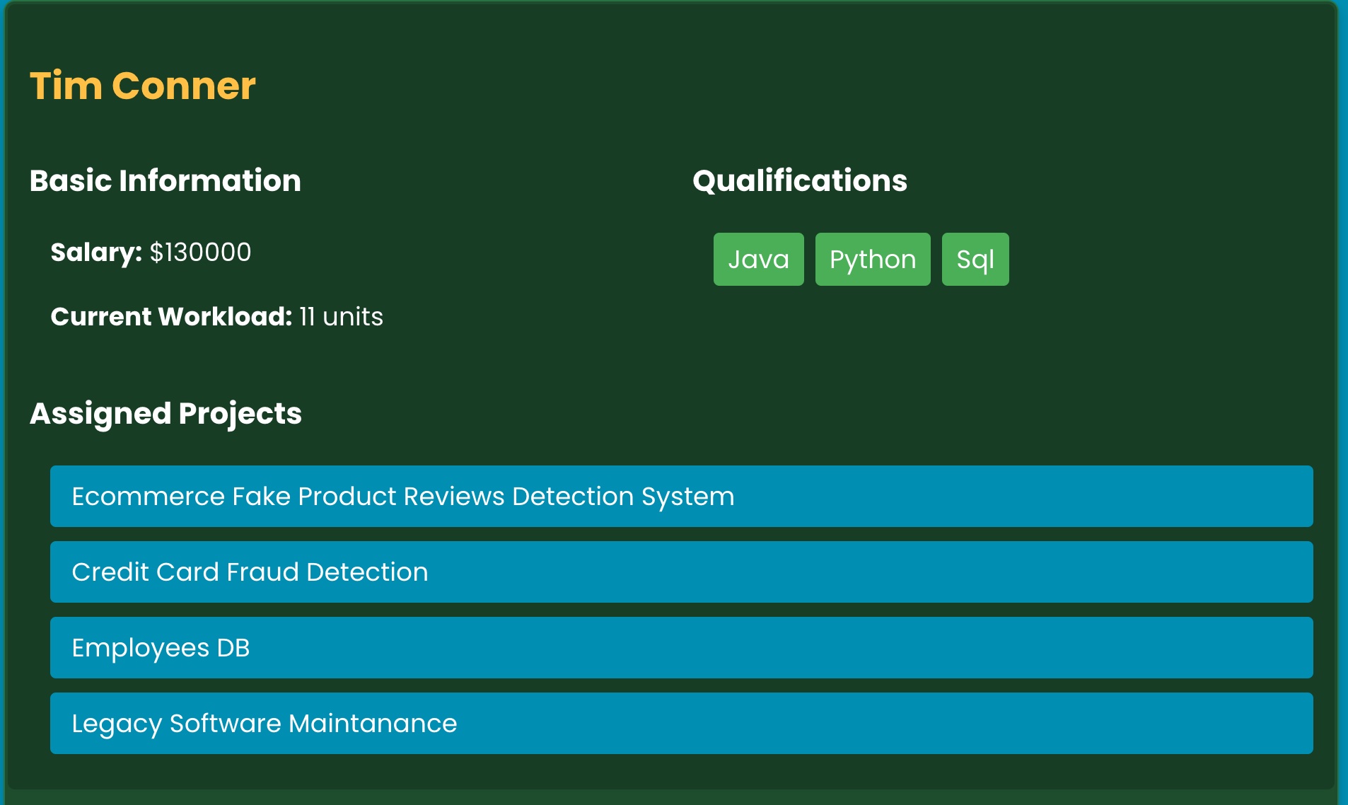 Project assignment interface showing Android Task Monitoring project with assigned workers Terry Hampton and Benjamin Guzman, displaying current qualifications and missing MongoDB qualification